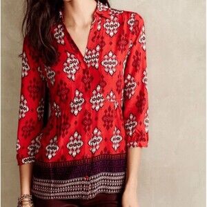 MAEVE Anthropologie Woodland Walk Boho Button Down Blouse, Red Multi- Size 10